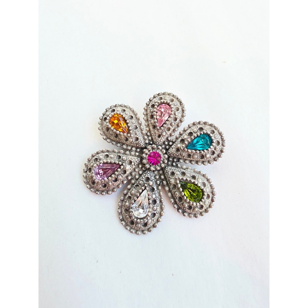 Betsey Johnson Vintage Silver Tone Rainbow Rhinestone Flower Brooch Pin Signed